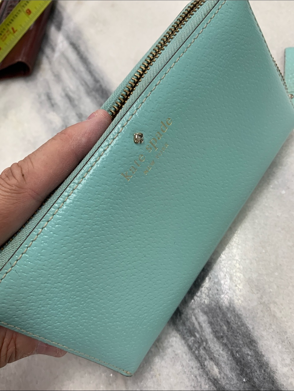 kate spade Mint Green Pebbled Leather Zip Wallet with Gold Hardware
